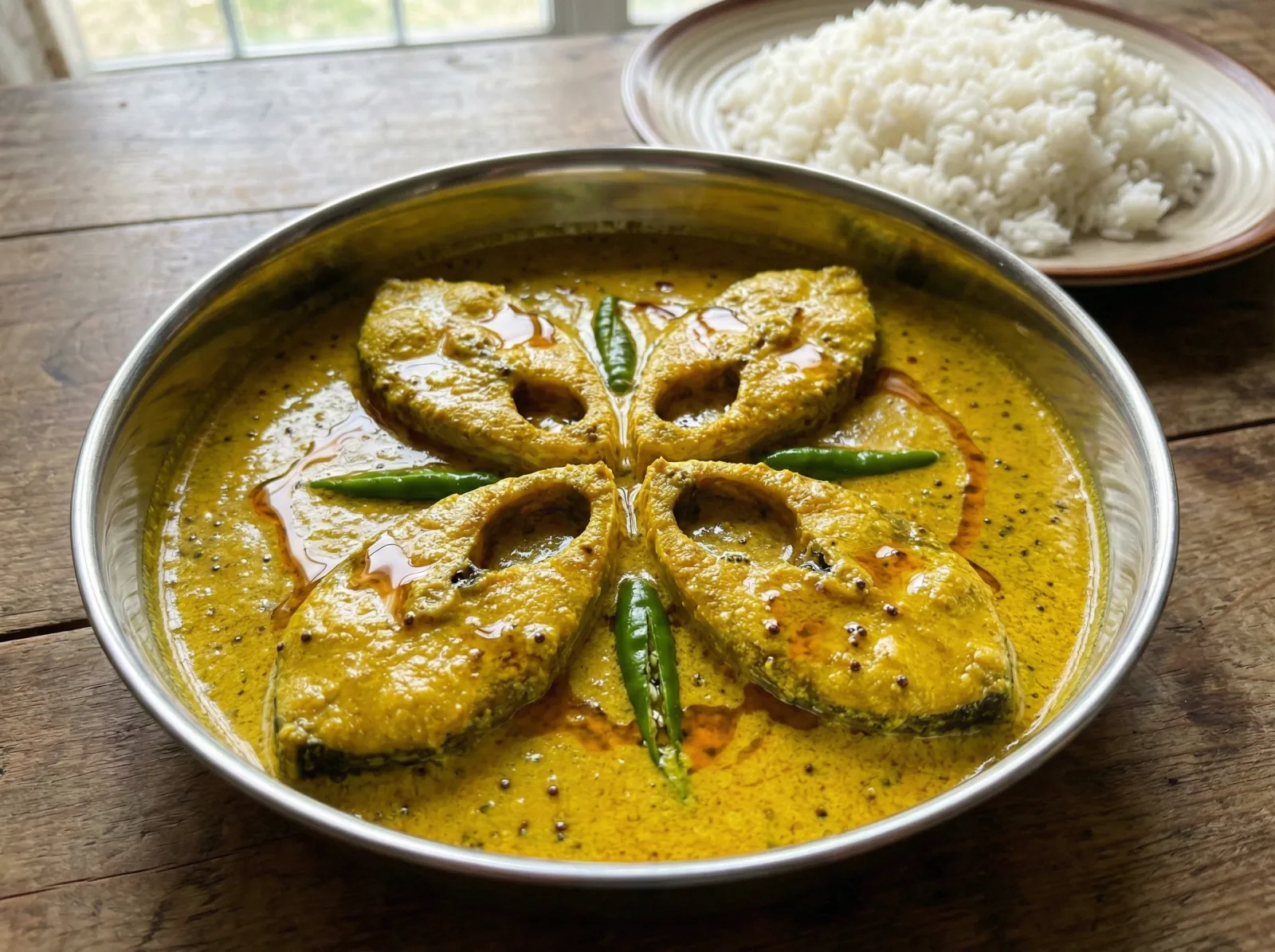 Four pieces of hilsa fish in bright yellow mustard sauce in a traditional Bengali steel bowl, garnished with slit green chillies and a drizzle of raw mustard oil
