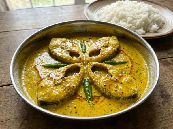 Four pieces of hilsa fish in bright yellow mustard sauce in a traditional Bengali steel bowl, garnished with slit green chillies and a drizzle of raw mustard oil