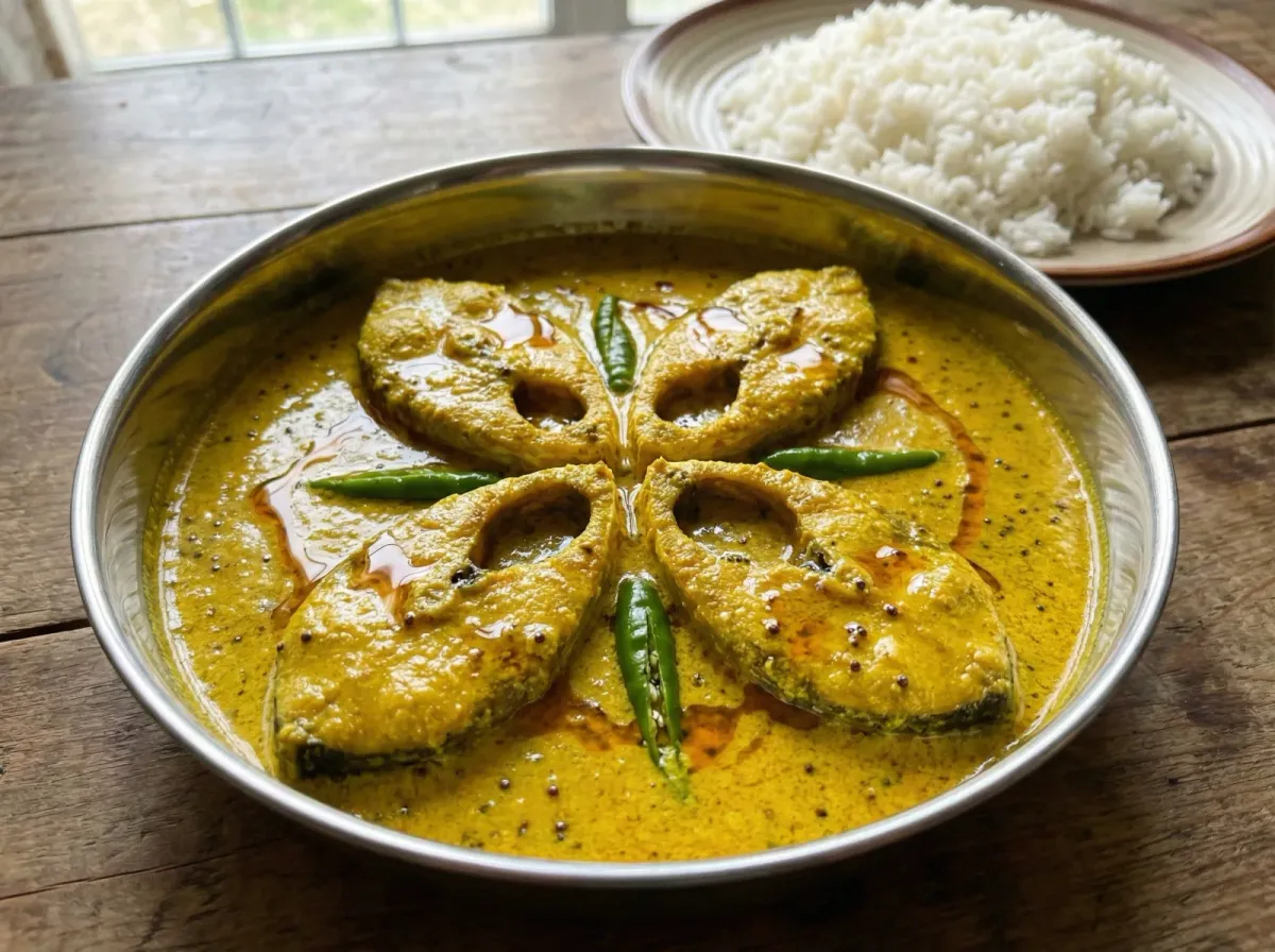 Four pieces of hilsa fish in bright yellow mustard sauce in a traditional Bengali steel bowl, garnished with slit green chillies and a drizzle of raw mustard oil