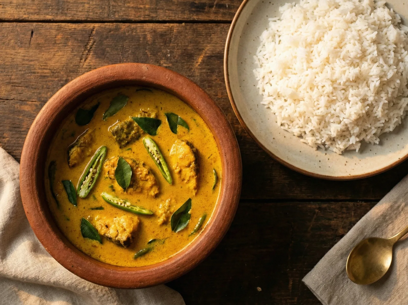 A clay pot of golden Sri Lankan fish curry in coconut milk sauce with curry leaves and green chillies, served beside a mound of white rice