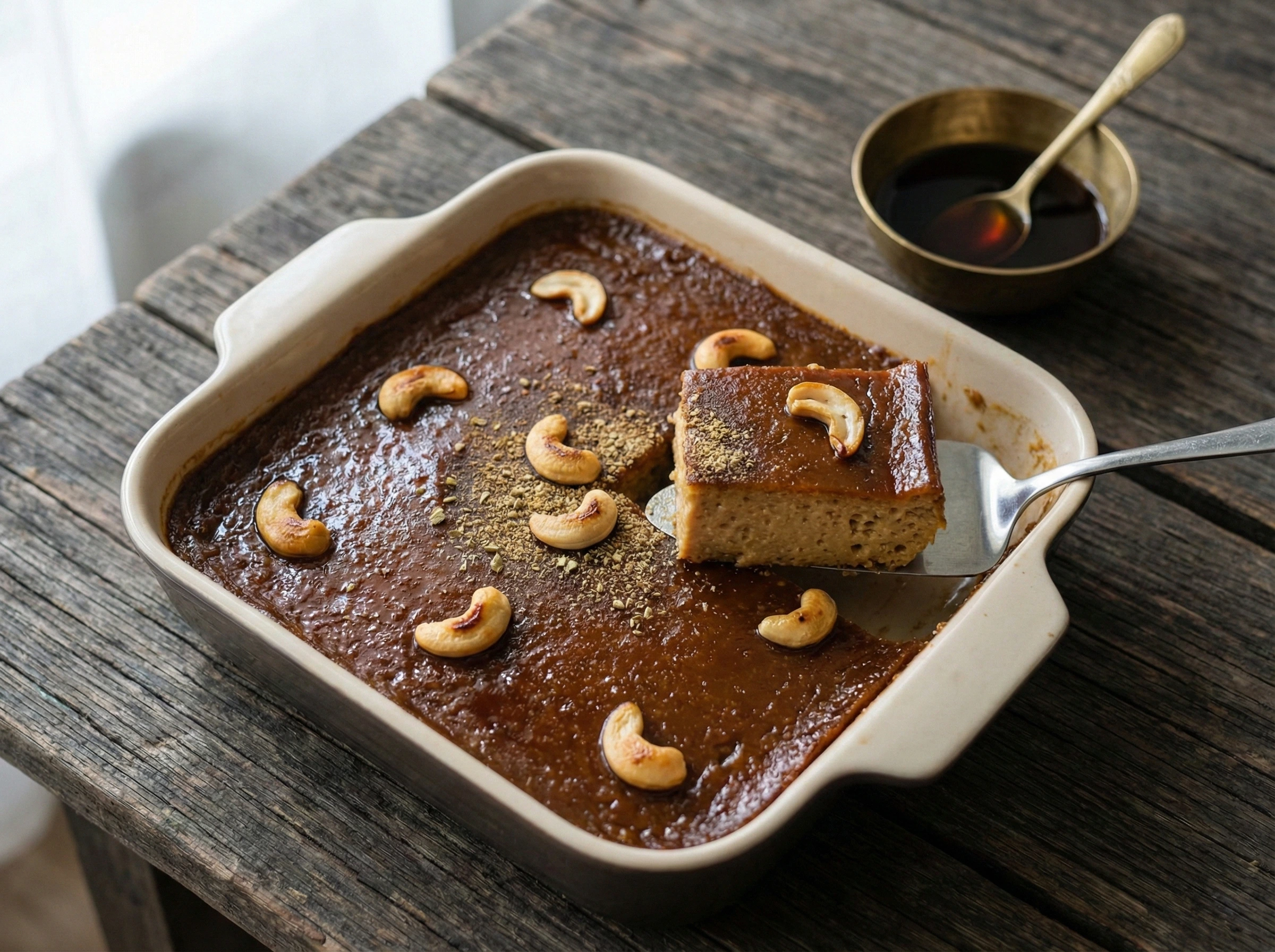A square baking dish of dark amber watalappan custard topped with roasted cashew halves, sliced into portions on a wooden surface