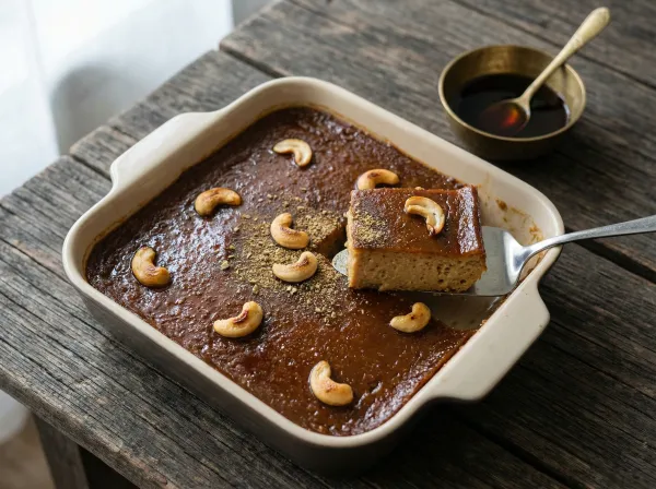 A square baking dish of dark amber watalappan custard topped with roasted cashew halves, sliced into portions on a wooden surface